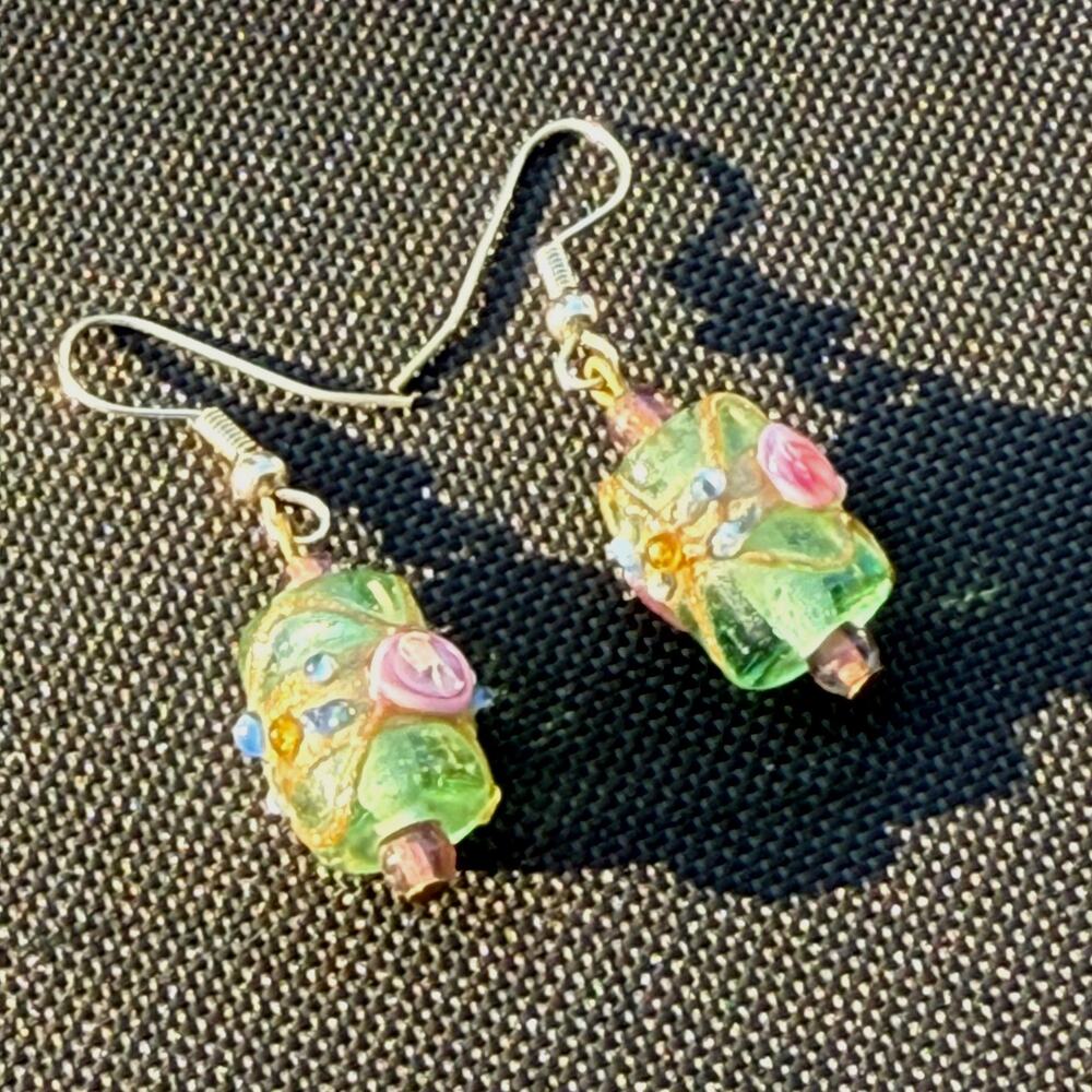 Very Pretty Pastel Green and Pink Wedding Cake Drop Earrings